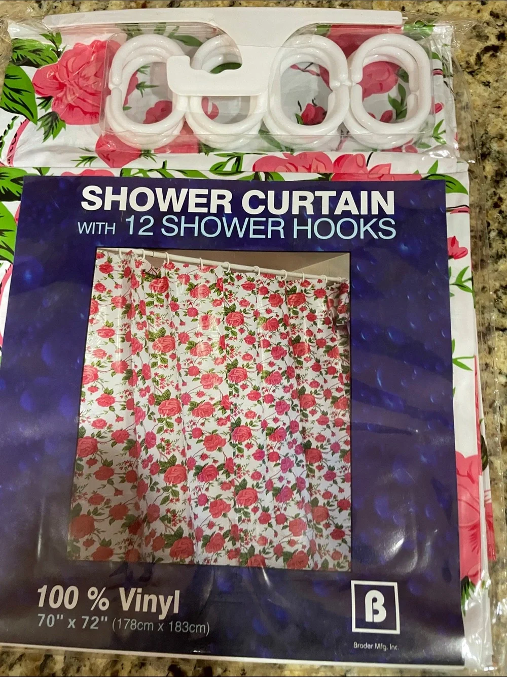 Floral Rose Vinyl Shower Curtain with 12 Hooks - Pink